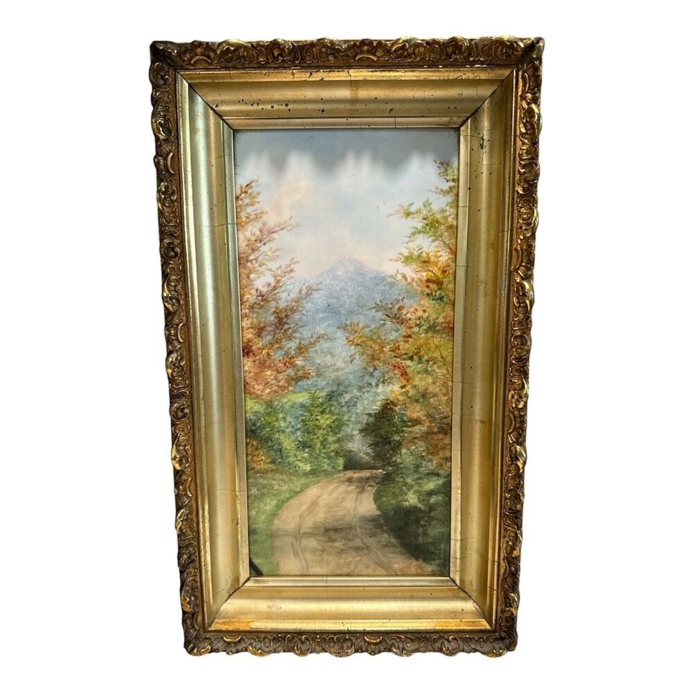 Antique 19th C Pastel Mountain Landscape Oil on Tile Art Gold Baroque Frame